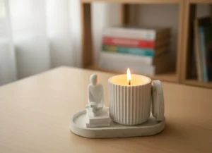 οβαλ δίσκος με αγαλματακι που διαβαζει και δοχείο με αρωματικο κερι