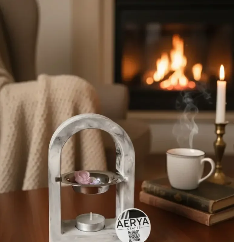 Καυστήρας κεριών σε σχήμα αψίδας δίπλα σε αναμμένο τζάκι