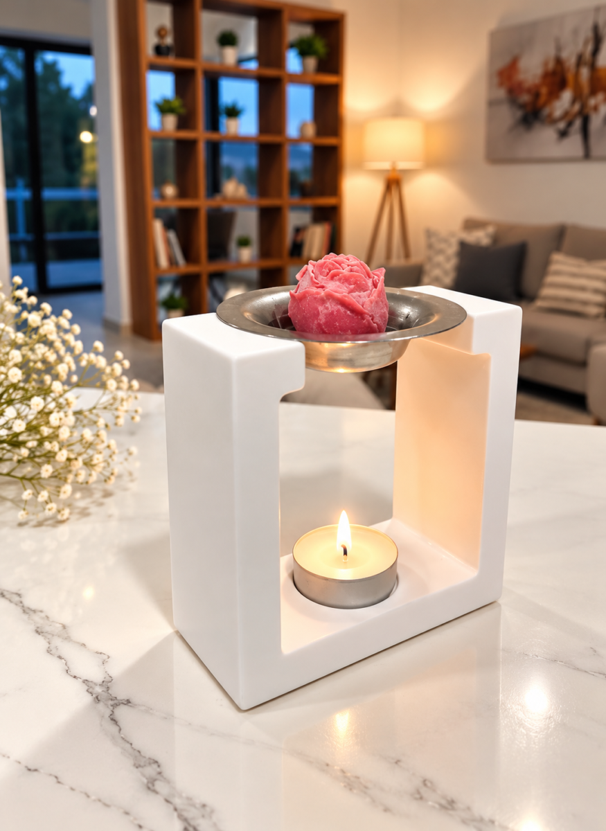 White wax burner with pink wax melt
